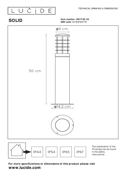 Lucide SOLID - Sokkellamp Buiten - Ø 9 cm - 1xE27 - IP54 - Antraciet - technisch